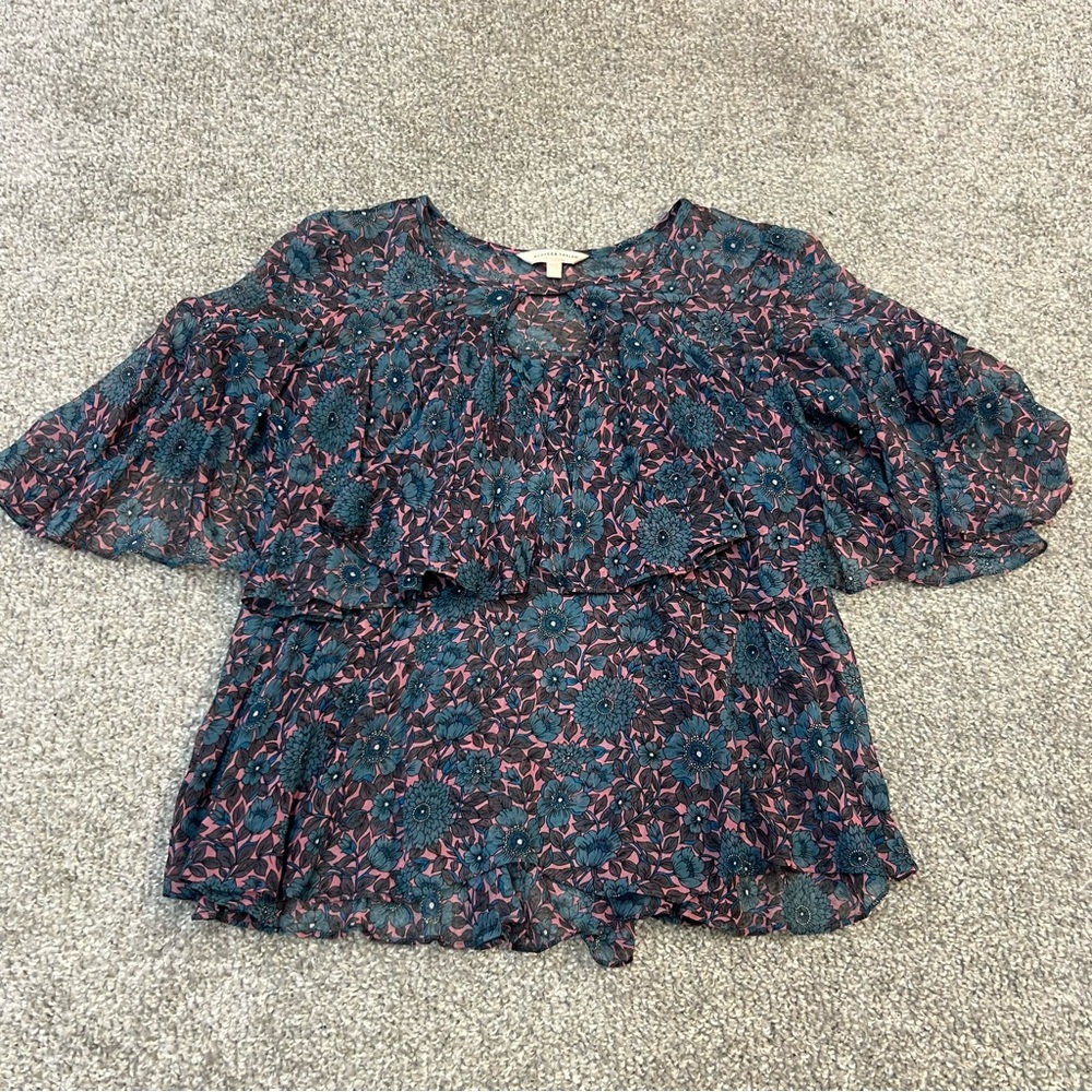 Rebecca Taylor Blouse Women’s 0 Pink Teal Floral Shibori Sheer Flutter Keyhole